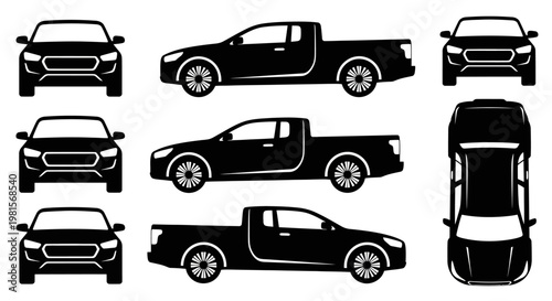 Pickup Truck Silhouettes: Front, Side, and Top Views