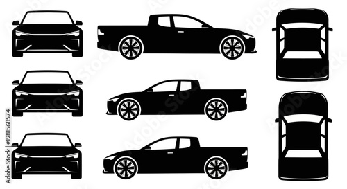 Pickup Truck Silhouettes: Front, Side, Top Views - Black on White