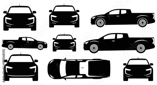 Pickup Truck Silhouettes: Multiple Views - Front, Side, Top, Rear