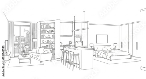Interior design sketch showcasing a modern living room and kitchen.