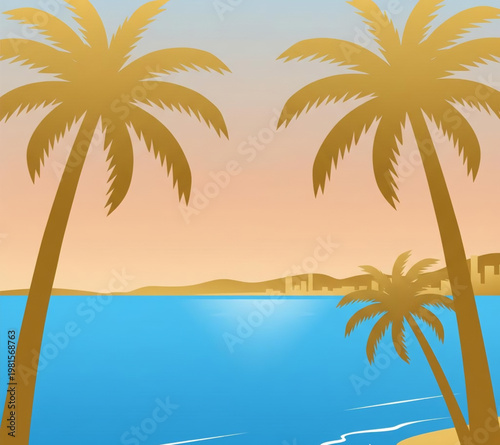 Golden Palm Trees Silhouette Over Calm Ocean Waters with Distant City Skyline at Sunset