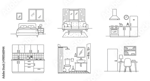 Interior Design Sketches - Bedroom, Bathroom, Kitchen, and Living Room.