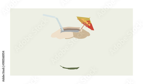 Realistic green coconut water drink with straw and umbrella tropical summer fruit vector illustration isolated