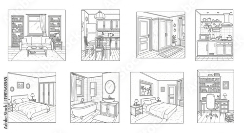 Interior Design Sketches - Bedroom, Kitchen, and Living Room Concepts.