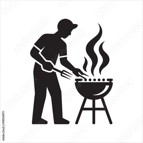 Man grilling meat on backyard barbecue silhouette for summer leisure activity.