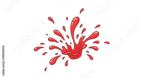 Dynamic splash of bright red liquid resembling paint, juice, or blood is shown with various droplets against a plain white background.
