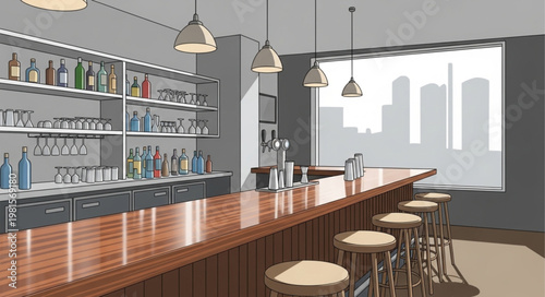 Interior of a Bar with Bottles and Stools.