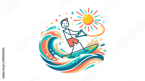 Cartoon Stick Figure Surfing on Wave Under Sun