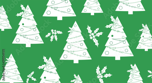 Christmas tree and holly berry seamless pattern in white and green for winter holiday wrapping paper and festive textile designs.