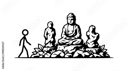 Stick Figure Observing Ancient Buddha Statues
