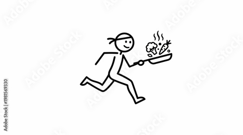 Stick Figure Chef Running With Cooking Pan of Vegetables