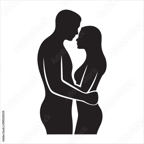 Couple embracing silhouette vector illustration, intimate romantic moment, man and woman in love.