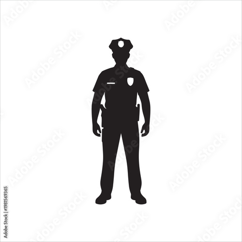 Police officer silhouette standing in uniform with police badge and duty belt.