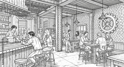 Interior scene of a bustling bar with patrons.