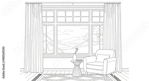 Interior sketch featuring a window, chair, and curtains.