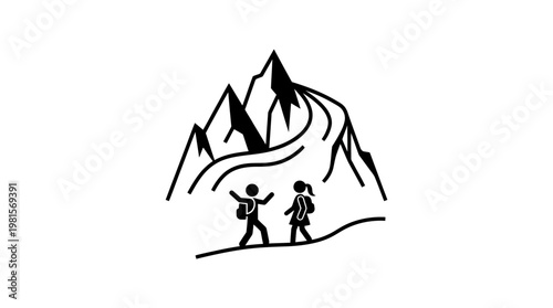 Minimalist Hiking Icon with Mountain View