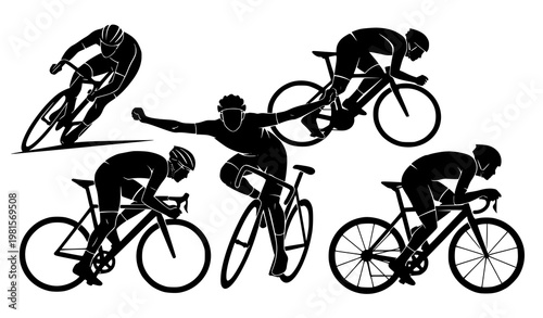 Cycling silhouette vector set dynamic riders racing bike sport illustration