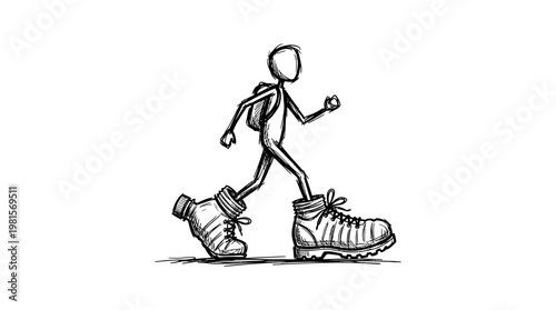 Cartoon Stick Figure Hiking With Oversized Boots
