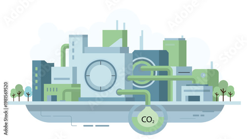 Industrial carbon capture system with CO2 storage tank and green pipelines showing emission control clean technology and sustainable factory process
