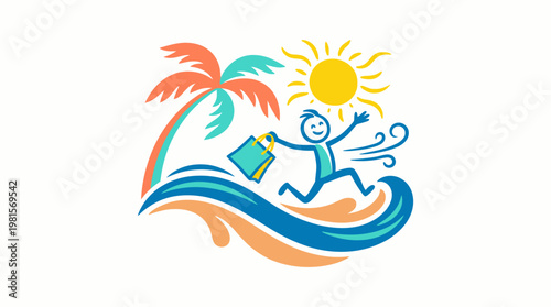 Joyful Stick Figure Running Towards Summer Beach Vacation