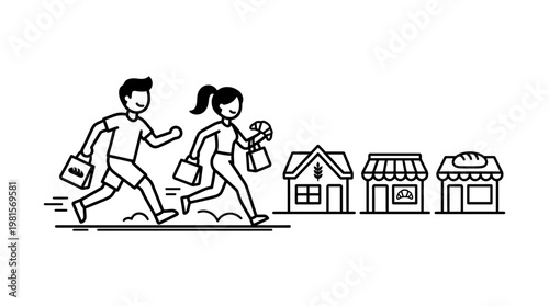 Couple Shopping Running Out of Store with Groceries