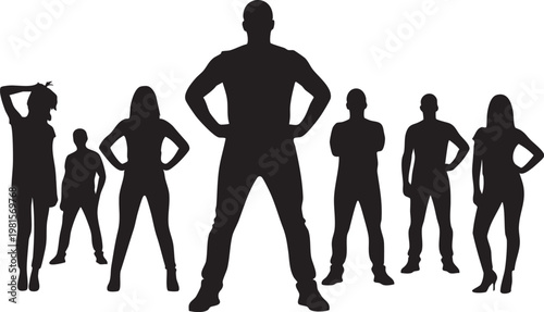 A diverse silhouette illustration depicting various human figures of different heights and poses