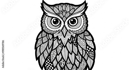 Intricate Owl Illustration - A Detailed Black and White Design.