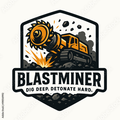 Blastminer logo design of a mining drill machine in vibrant formats. Suitable for mining companies looking for a unique identity.