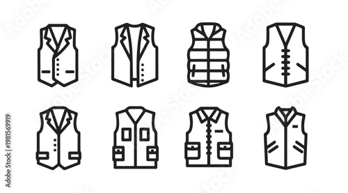 Collection of vest outlines in clean line art style for diverse apparel concepts