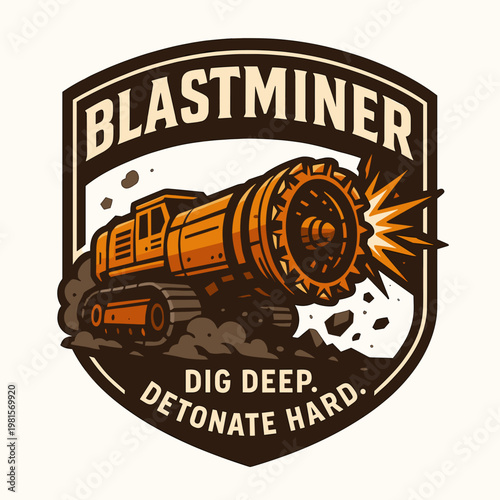 Powerful blastminer emblem excavating deep with mining machine. Suitable for industrial, engineering, construction, and miningrelated designs and projects.