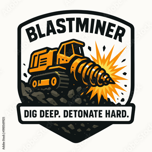 Blastminer emblem with drilling machine and explosion effects suitable for industrial logos, mining companies, and construction business branding.