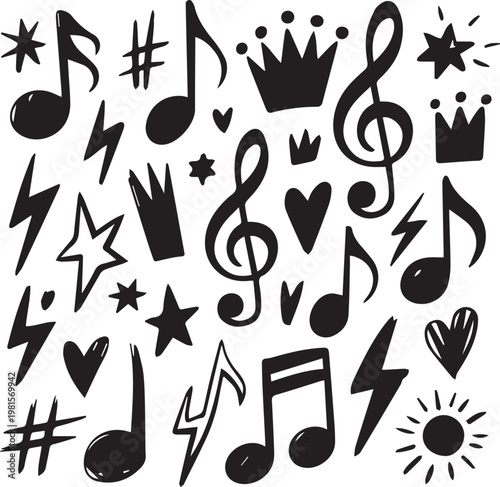 Doodle style musical symbols stars hearts crowns and lightning bolts isolated on transparent.