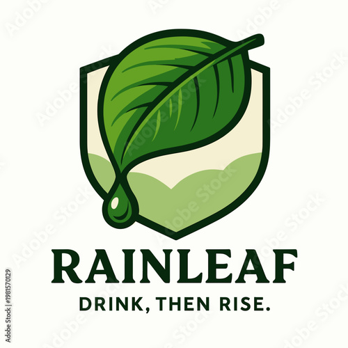 Rainleaf logo with protective shield and tagline is perfect for ecofriendly products, nature conservation organizations, or sustainable brands.