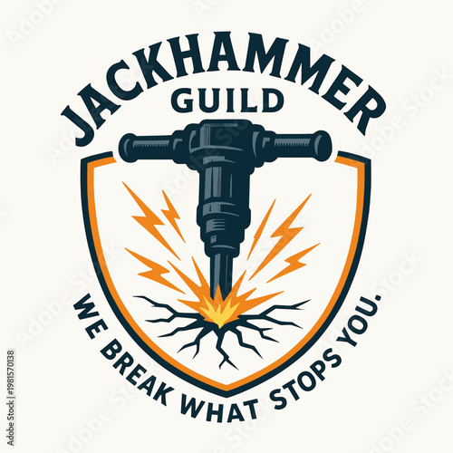 Jackhammer guild emblem with raw power and destruction graphic. Suitable for gaming guild logos or constructionrelated businesses branding.