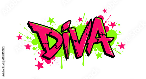 Diva Graffiti Art - Pink and Green Splatter, Stars, Urban Style