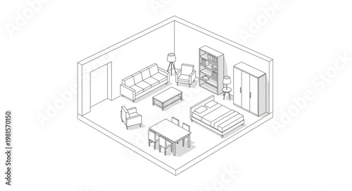 Isometric Room Interior Design Sketch with Furniture Arrangement.