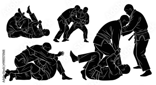 Grappling Combat Silhouettes: Martial Arts Fight Poses