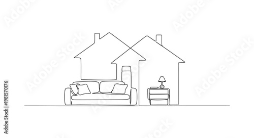 Minimalist continuous line drawing of a living room with sofa and nightstand inside houses.