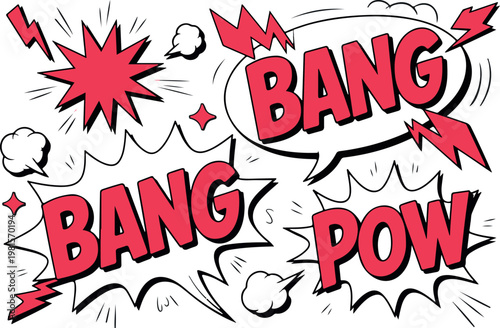 Dynamic comic book art with BANG and POW words lightning bolts and explosions.