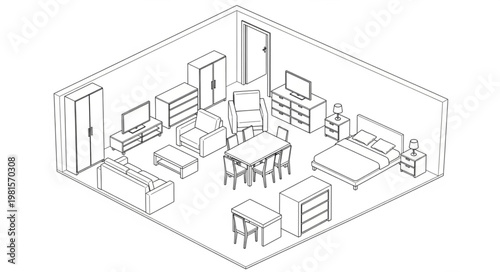 Isometric Room Interior Sketch - Furniture and Layout Design.