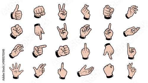 Colorful cartoon-style hand gesture collection featuring various expressive hand signs including thumbs up, pointing, peace sign, OK gesture, rock sign, handshake, counting fingers, and communication.
