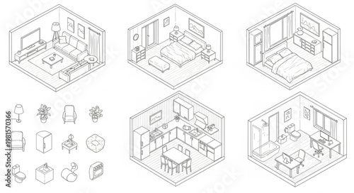 Isometric Room Layouts and Furniture Designs.