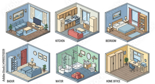 Isometric view of various rooms in a house, including a bedroom, kitchen, bathroom, and living room.