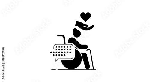 Elderly person in wheelchair with heart and speech bubble icon, symbolizing care and communication