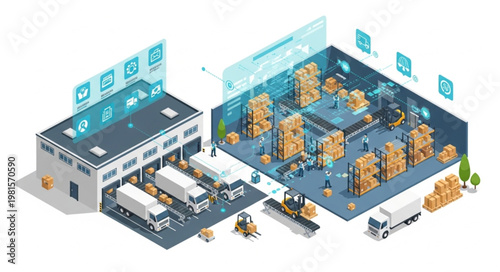 Isometric Warehouse and Logistics Center Illustration.