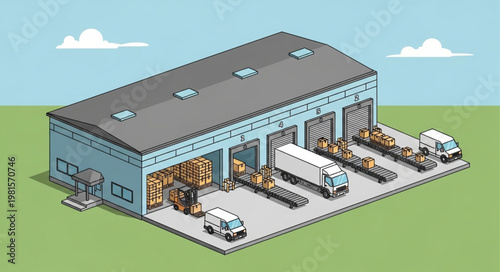 Isometric Warehouse Scene with Trucks Loading and Unloading Cargo.