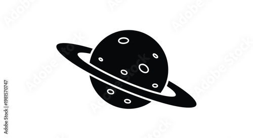 Simple black silhouette of a ringed planet with several visible craters