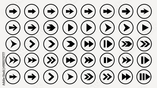 Vector set of black arrow icons in circles, featuring various directions and playback symbols on a white background.