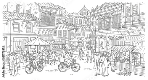 Line art depicting a bustling waterfront scene with boats and buildings.