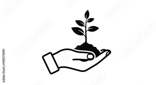 A hand gently cradling a small plant growing from soil